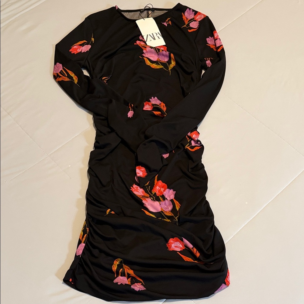 Zara Black Dress with Pink Floral Design
